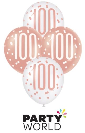 100th Birthday Rose Gold And White 30cm Latex Balloons (6)
