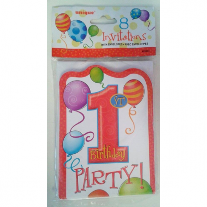 1st Birthday Primary Invitations (8pk)