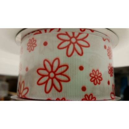 White with Red Daisy Flowers and Red Spots/Dots Grosgrain Ribbon