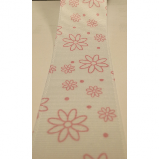 White Grosgrain Ribbon with Pink Daisy Flowers and Pink Spots