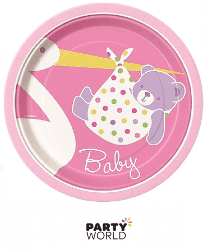 pink stork baby shower plates