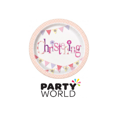 Pink Bunting Christening Paper Plates 9in (8)