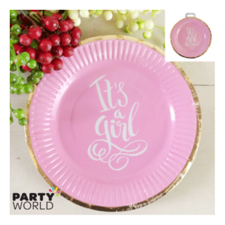 Foiled Pink Its A Girl Baby Shower Paper Plates 7in (12)