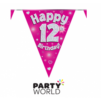 12th Birthday Holographic Bunting - Pink 3.9m