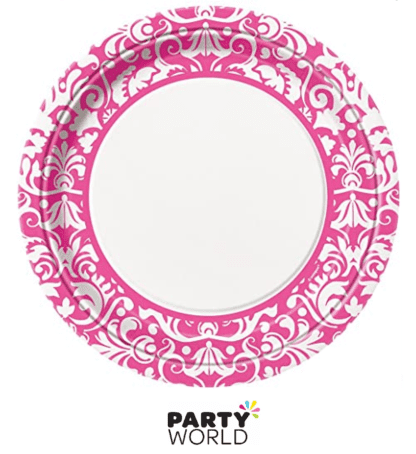 pink damask dinner plates