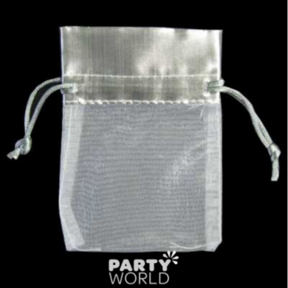 Silver & White Organza Bags 8x10cm (5)