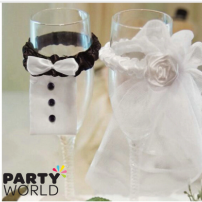 Bridal Veil & Groom Tux Wine Glass Decorations