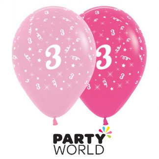 3rd Birthday Pink Asstd Latex Balloons (6)