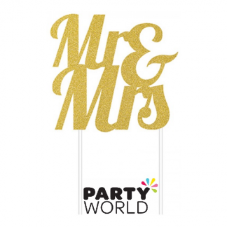 Mr & Mrs Gold Glitter Wedding Cake Topper