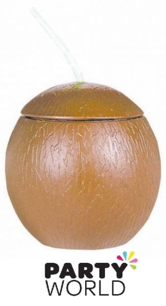 Coconut Shaped Cup with Straw – Plastic 532ml Tropical Decorations - Palm Trees, Lanterns, Swirls,...