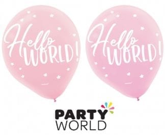Hello World Baby Shower Pink Latex Balloons (15)