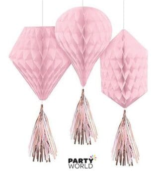 pink and rose gold hanging honeycomb decorations