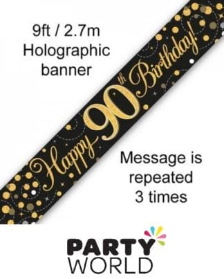 90th Birthday Black And Gold Holographic Banner