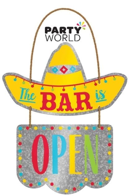 Fiesta Party 2 Tier Hanging Metal Sign -The Bar is Open