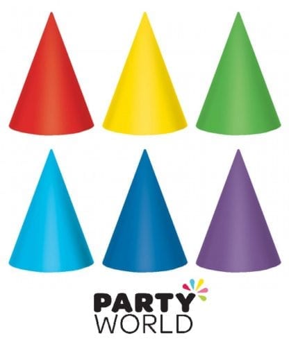 Party Cone Hats Assorted Primary Colours (12)