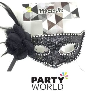 Black Sequins And Feather Masquerade Mask