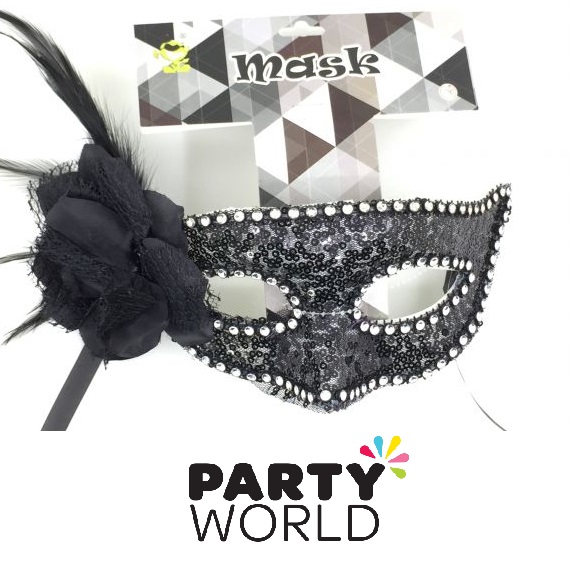 Black Sequins And Feather Masquerade Mask Party World - Masquerade Mask Mr Diy