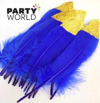 Blue Gold Glitter Dipped Duck Feathers