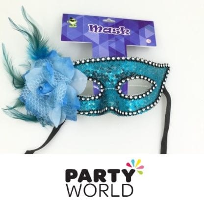 Blue Sequins And Feather Masquerade Mask
