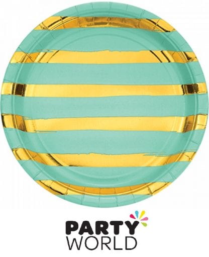 Fresh Mint & Gold Stripe Stamped Paper Plates (8)