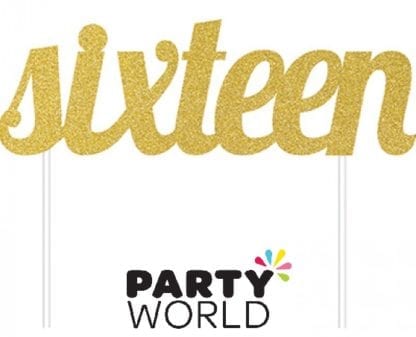Gold Sixteen Glittered Party Cake Topper