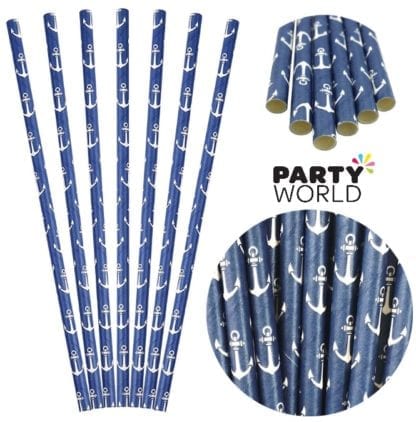 Navy Blue Paper Straws With Anchors (25)