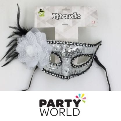 White Sequins And Black Feather Masquerade Mask