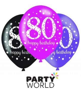 80th Birthday Pink Sparkling Celebration Assorted Latex Balloons (6)