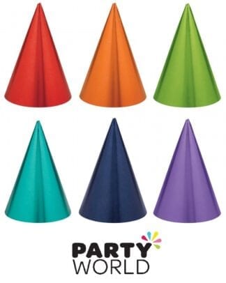 Foil Party Cone Hats Assorted Rainbow Colours (12)