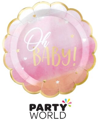 Oh Baby Girl Pink And Gold 26cm Shaped Metallic Plates (8)