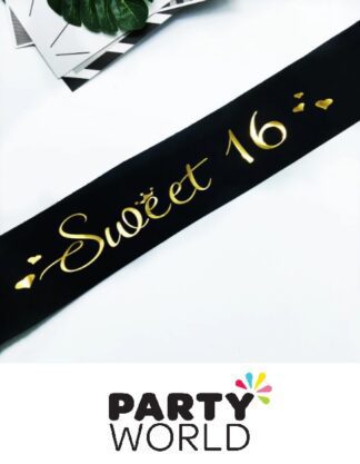 Sweet Sixteen Gold On Black Party Sash