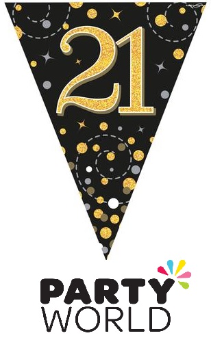 21st Party Bunting Sparkling Fizz Black & Gold Holographic 11 flags 3.9m