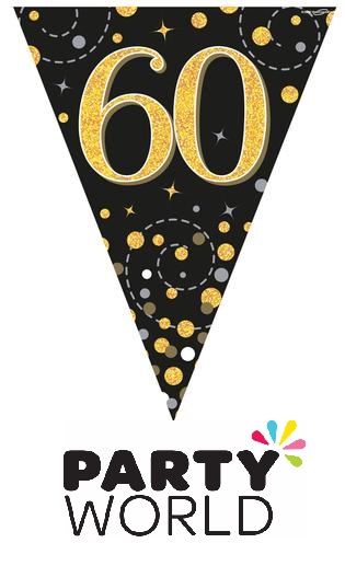 60th Party Bunting Sparkling Fizz Black & Gold Holographic 11 flags 3.9m