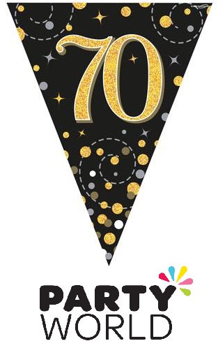 70th Party Bunting Sparkling Fizz Black & Gold Holographic 11 flags 3.9m