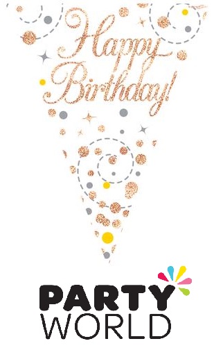 Happy Birthday Bunting Sparkling Fizz White & Rose Gold Holographic 11 flags 3.9m