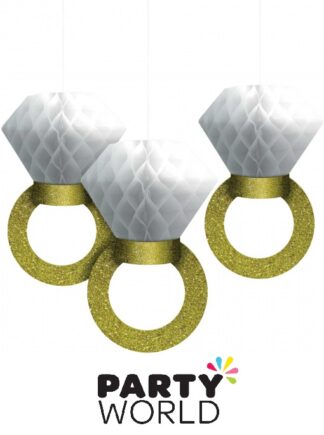 Wedding White Honeycomb And Gold Glittered Ring Hanging Decorations