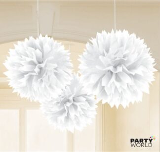 white fluffy puff balls hanging decorations