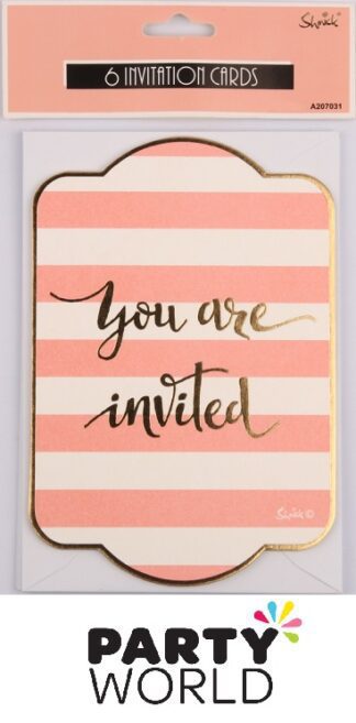 Coral And White Striped With Gold Trim Party Invitations (6pk)