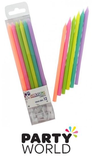 Neon Slim Assorted Colours Candles (12)
