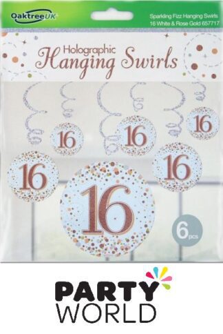 Rose Gold 16th Holographic Swirls Hanging Decorations (6pk)