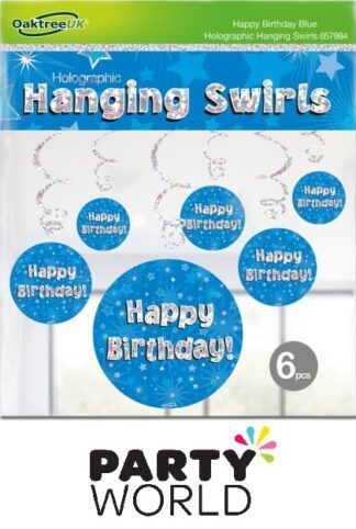 Happy Birthday Blue Holographic Hanging Swirl Decorations (6pcs)