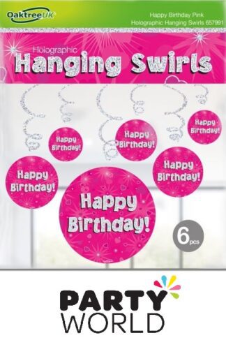 Happy Birthday Pink Holographic Hanging Swirl Decorations (6pcs)