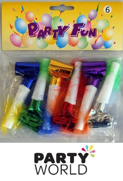 Coloured Assorted Party Blowouts With Feathers (6)