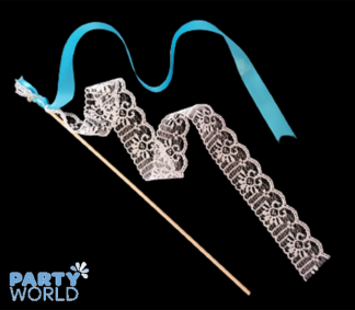 white & blue lace ribbon on a stick wand