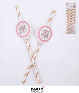 rose gold striped straws with floral decoration