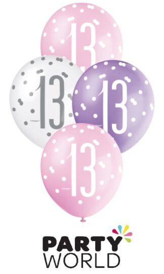 13th Pink, Purple & White Latex Balloons (6)
