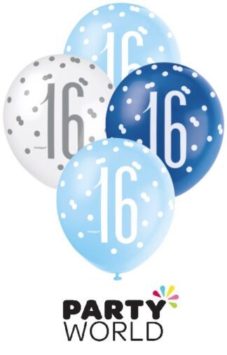 16th Blue & White Latex Balloons (6)