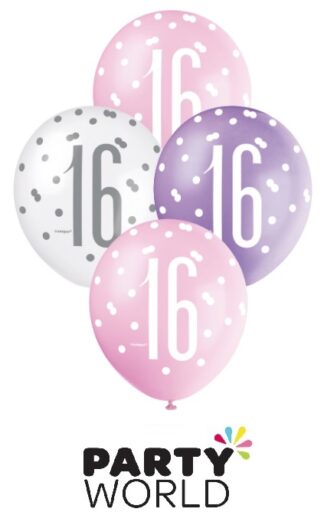 16th Pink, Purple & White Latex Balloons (6)