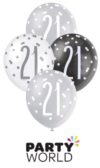 21st Black, Silver & White Latex Balloons (6)