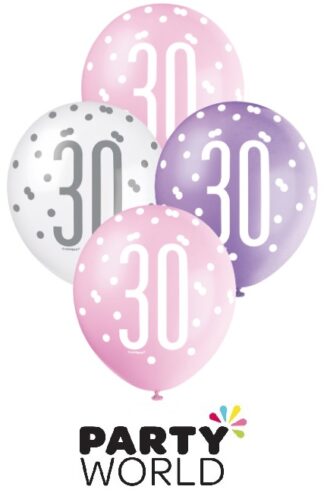 30th Pink, Purple & White Latex Balloons (6)